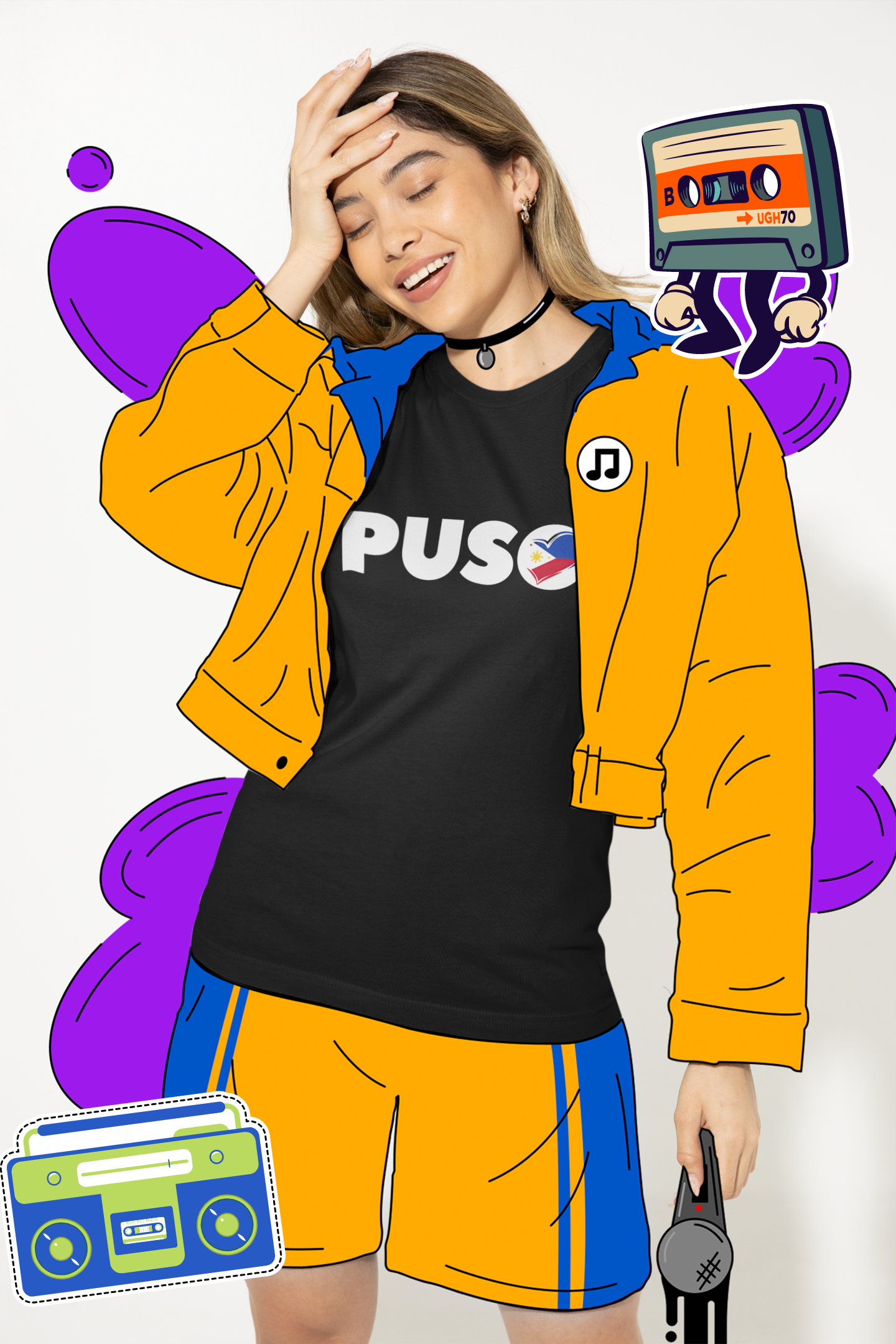 Trendy Filipina Girl wearing PUSO Word Logo Tee in Black with Philippine Flag Heart
