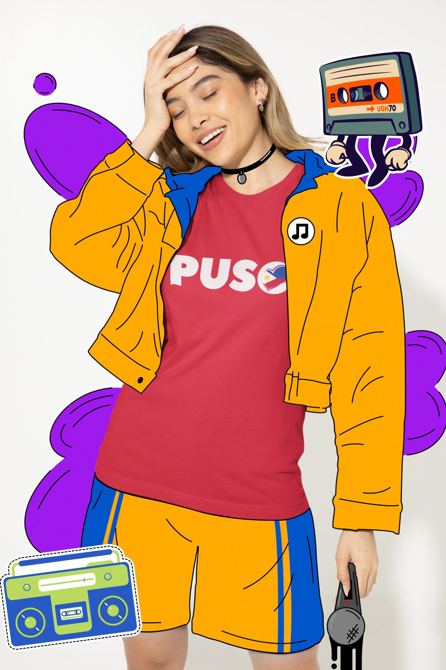 Trendy Filipina Girl wearing PUSO Word Logo Tee in Red with Philippine Flag Heart